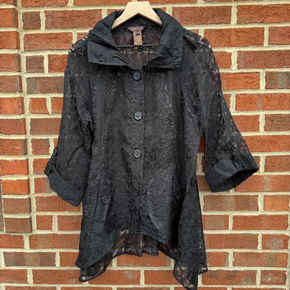 Multiples Sheer Burnout Jacket Medium Black Asymmetrical Hemline Lagenlook